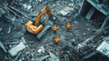 Construction workers and machinery clearing debris at a demolition site Royalty Free Stock Photo