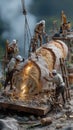 Construction workers manipulate a giant bread loaf with tools and a crane outdoors during the day Royalty Free Stock Photo