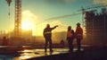 Construction workers on site, cranes, and building under development at sunrise Royalty Free Stock Photo