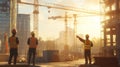 Construction Workers Overseeing Project at Sunset with Cranes and Buildings Royalty Free Stock Photo