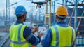 Construction workers operate a drone using a tablet to ensure safety and efficiency on the worksite during sunset Royalty Free Stock Photo