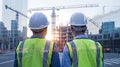 Construction workers overlooking the development of a modern building site at sunset Royalty Free Stock Photo