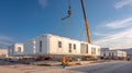 Construction workers overseeing the installation of a white prefabricated container module using a heavy-duty crane, illustrating Royalty Free Stock Photo