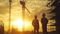 Construction Workers Overseeing Site at Sunset Silhouette. Royalty Free Stock Photo