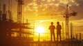 Construction Workers Overseeing Site at Sunset Silhouette. Royalty Free Stock Photo