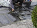 Construction workers are paving the sidewalk stone with cement Royalty Free Stock Photo