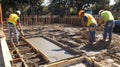 Construction Workers Pouring Concrete into Foundation Formwork Royalty Free Stock Photo