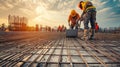 Construction Workers Pouring Concrete on a Rebar Grid Royalty Free Stock Photo