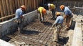 Construction Workers Pouring Concrete Into Rebar Grid Royalty Free Stock Photo