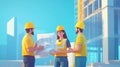 Construction workers review blueprints on a building site with crane Royalty Free Stock Photo