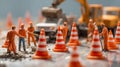 Construction workers roadwork traffic cones miniature figures excavator trucks safety work site project Royalty Free Stock Photo