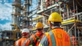 Construction workers in safety gear and helmets working on a building site, showcasing teamwork and industrial development Royalty Free Stock Photo