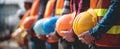 The construction workers with safety helmets standing together in solidarity. AI generated image Royalty Free Stock Photo