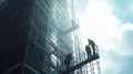 Construction Workers on Scaffolding Against a Cloudy Sky Royalty Free Stock Photo