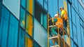 Construction Workers on Scaffolding Installing Windows on Modern Building Royalty Free Stock Photo