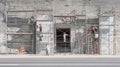 Construction workers on scaffolding repairing a concrete wall facade renovation project site Royalty Free Stock Photo