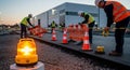 Construction Workers Setting Up Safety Barriers and Warning Lights on Asphalt Surface at Dusk with Industrial Building in Royalty Free Stock Photo