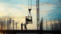 Construction Workers Silhouette with Crane and Beams Royalty Free Stock Photo