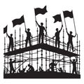 Construction Workers Silhouette Raising Flags on Scaffolding for Victory Royalty Free Stock Photo