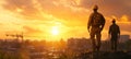 Construction Workers Silhouette At Sunset, Cityscape Under Construction Skyline In Background Royalty Free Stock Photo