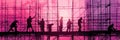 Construction Workers Silhouetted Against a Vibrant Sunset at a Busy Construction Site Royalty Free Stock Photo
