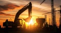 Construction workers silhouetted against a vibrant sunset, showcasing infrastructure development and teamwork in construction Royalty Free Stock Photo