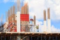 Construction workers site and building of housing at laborer work outdoor. which has sky background with copy space add text Royalty Free Stock Photo