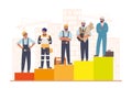 Construction workers standing on raising bar graph, flat vector illustration. Home builder career path.
