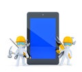 Construction workers with tablet pc. . Contains clipping path of tablet screen and entire scene