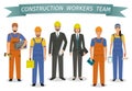 Construction workers team. Employment and labor day banner. Group of industrial people characters standing together. Royalty Free Stock Photo