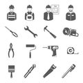 Construction workers tools black icons set