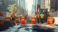 Construction Workers in Urban Setting with Excavators and Traffic Cones Royalty Free Stock Photo