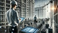Construction Workers Using Digital Twin Models on Tablets at Active Building Site