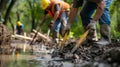 Construction workers using lowimpact ods such as hand tools to minimize disruption to the natural wetland habitat