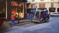 Construction workers and vehicles in the center of Prague repair roads and sidewalks.