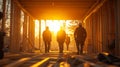 Construction workers walk toward a sunset on a building site, showcasing teamwork and dedication in the late afternoon Royalty Free Stock Photo