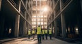 Construction Workers Walking Through a Building Site during Daytime with Bright Sunlight, Concrete Structure and Safety Vests Royalty Free Stock Photo