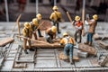 Construction workers wearing safety helmets and vests are tiling. Macrophotography tiny little workers. Generative AI