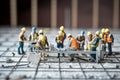 Construction workers wearing safety helmets and vests are tiling. Macrophotography tiny little workers. Generative AI