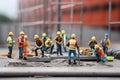 Construction workers wearing safety helmets and vests are tiling. Macrophotography tiny little workers. Generative AI