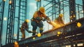 Construction Workers Welding Steel Beams on a High-Rise Building Royalty Free Stock Photo