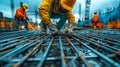 Construction Workers Welding Steel Reinforcements at Sunset. Generative ai Royalty Free Stock Photo