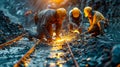 Construction Workers Welding Steel Reinforcements at Sunset. Generative ai Royalty Free Stock Photo