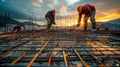 Construction Workers Welding Steel Reinforcements at Sunset. Generative ai