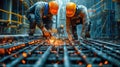 Construction Workers Welding Steel Reinforcements at Sunset. Generative ai Royalty Free Stock Photo