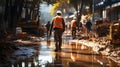 Construction workers work on wet construction site