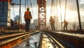 Construction Workers on a Bridge at Sunset - Building Infrastructure Royalty Free Stock Photo
