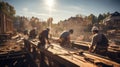 Construction workers working on a building site at sunset. Teamwork in progress. Generative AI. Royalty Free Stock Photo