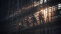 Construction workers working on scaffolding at construction site. 3D rendering