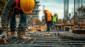 Generative AI Construction site workers wea safety gear working on steel reinforcement framework business concept. Royalty Free Stock Photo